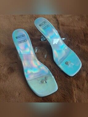 MOOTSIES TOOTSIES Iridescent Clear Straps Rhinestone Toe Slide Heels